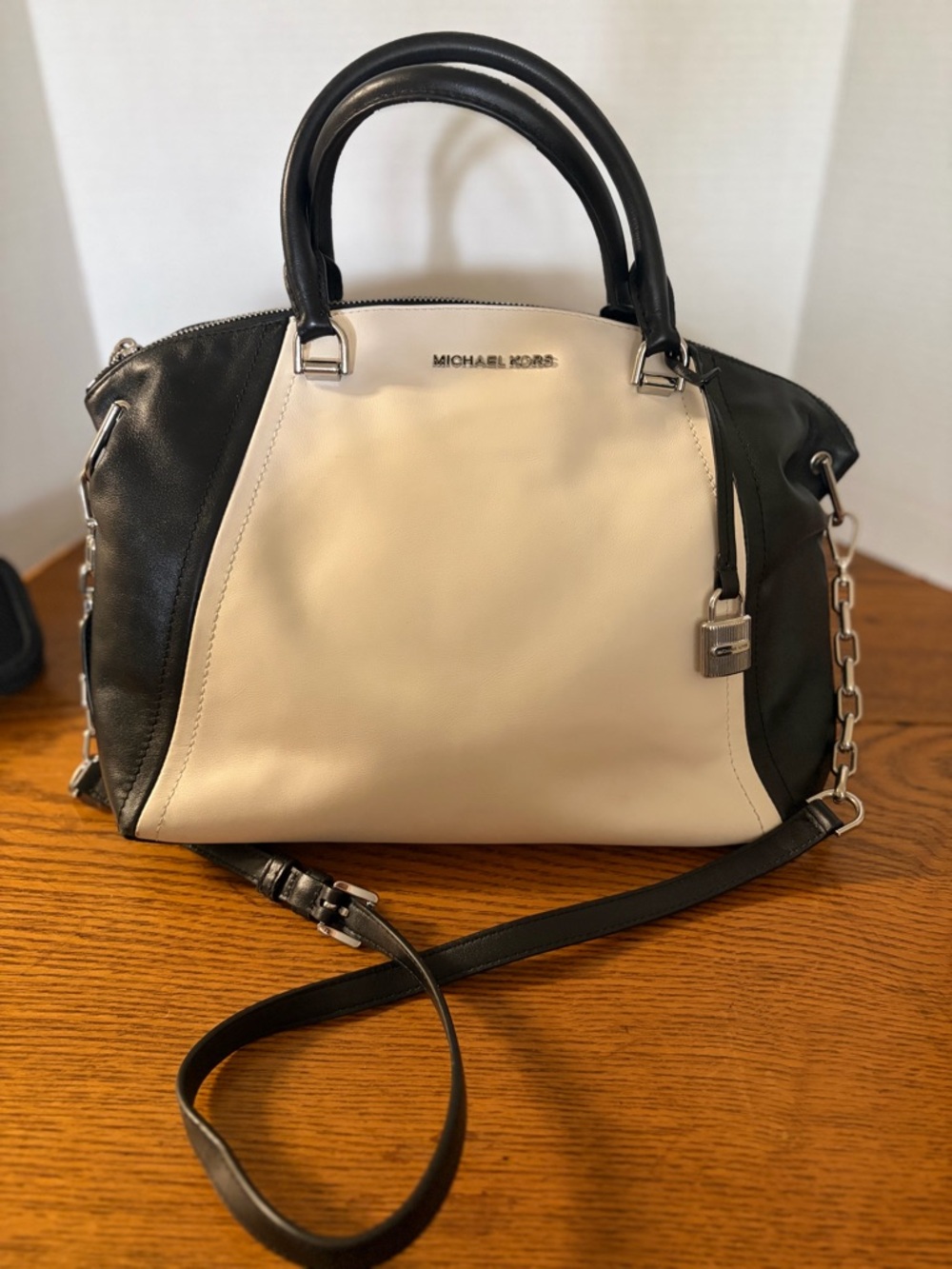Michael Kors Black and Cream Two-Tone Leather Satchel Medium
